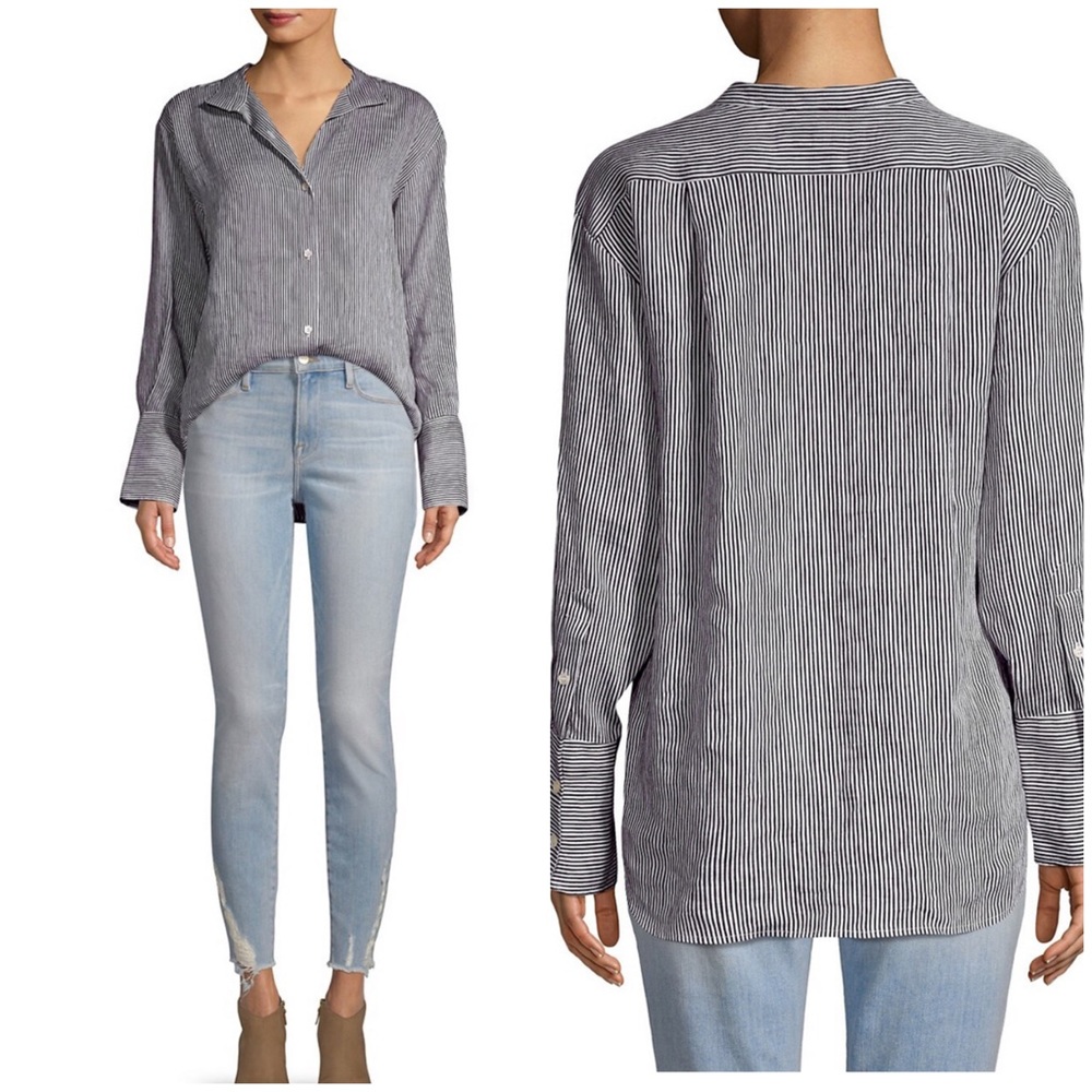 Frame Clean Collared Striped Linen Button Down Shirt Size Large